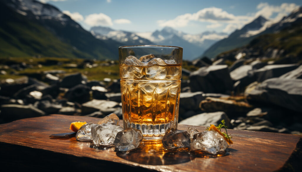Whiskey glass on wooden table mountain landscape in background